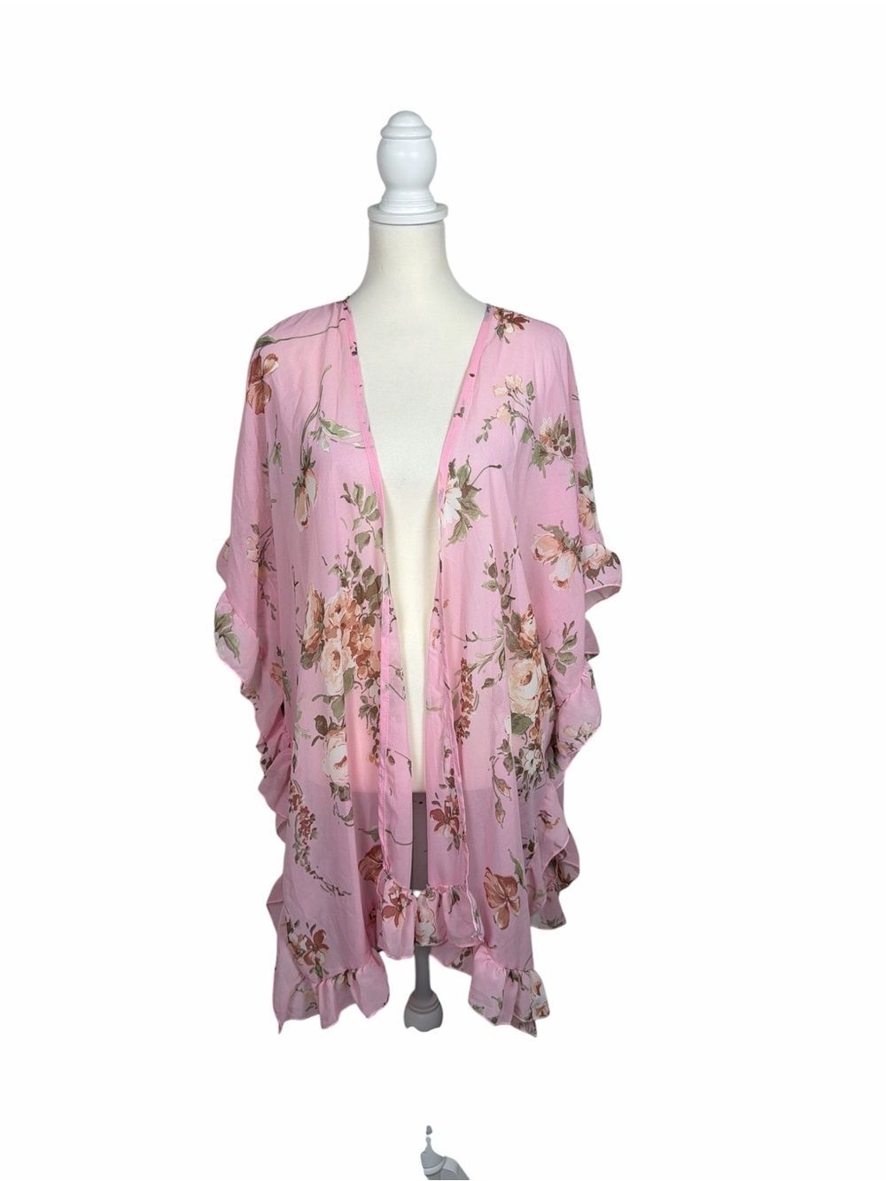 White Birch Pink Floral Ruffle Kimono Women’s Large Boho Lightweight Cover Up